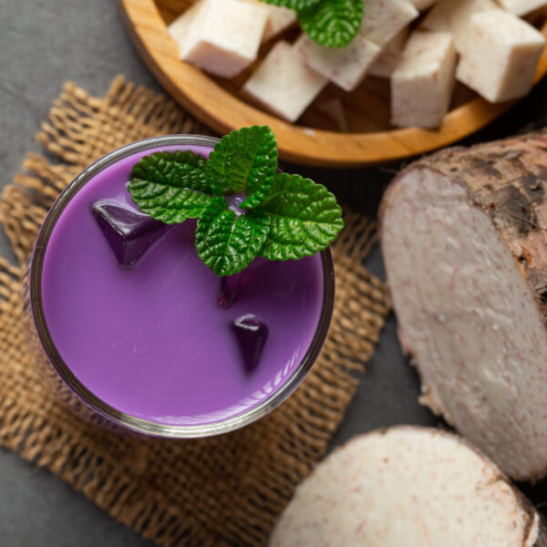 taro potato iced tea on table